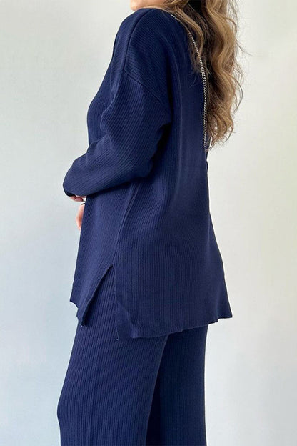 Conjunto informal sencillo de dos piezas con cuello vuelto, abertura y manga larga (5 colores)