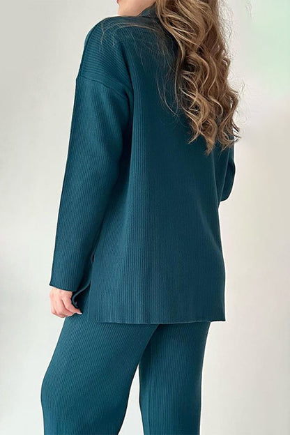 Conjunto informal sencillo de dos piezas con cuello vuelto, abertura y manga larga (5 colores)