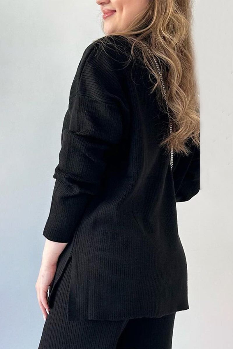 Conjunto informal sencillo de dos piezas con cuello vuelto, abertura y manga larga (5 colores)