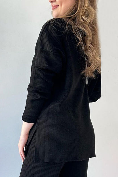 Conjunto informal sencillo de dos piezas con cuello vuelto, abertura y manga larga (5 colores)