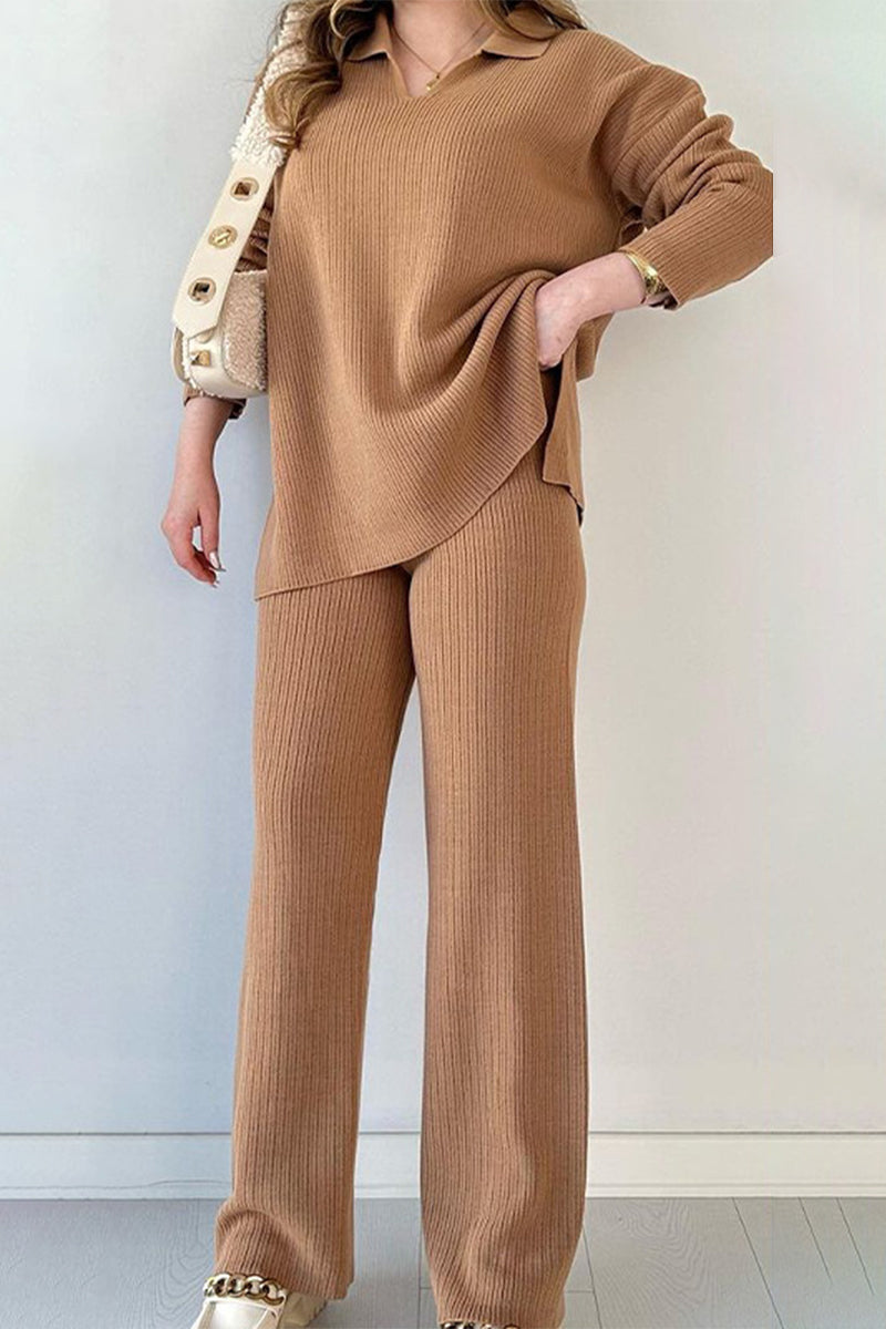 Conjunto informal sencillo de dos piezas con cuello vuelto, abertura y manga larga (5 colores)