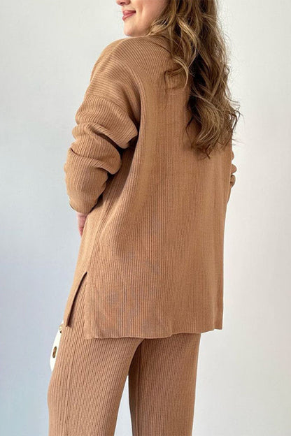 Conjunto informal sencillo de dos piezas con cuello vuelto, abertura y manga larga (5 colores)