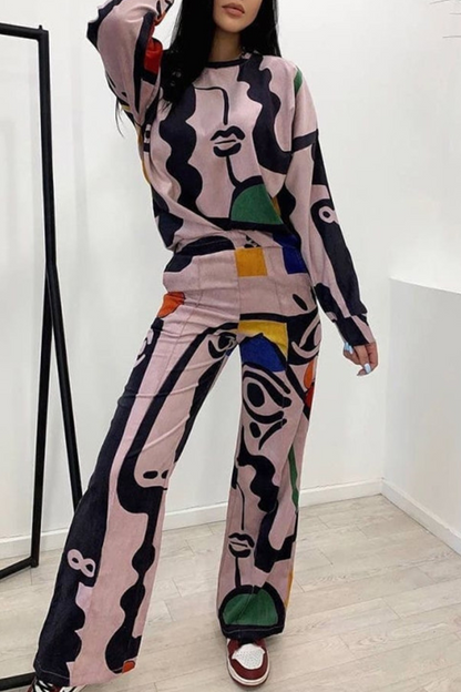 Conjunto informal de dos piezas con estampado geométrico, bolsillo, cuello redondo, manga larga (3 colores)