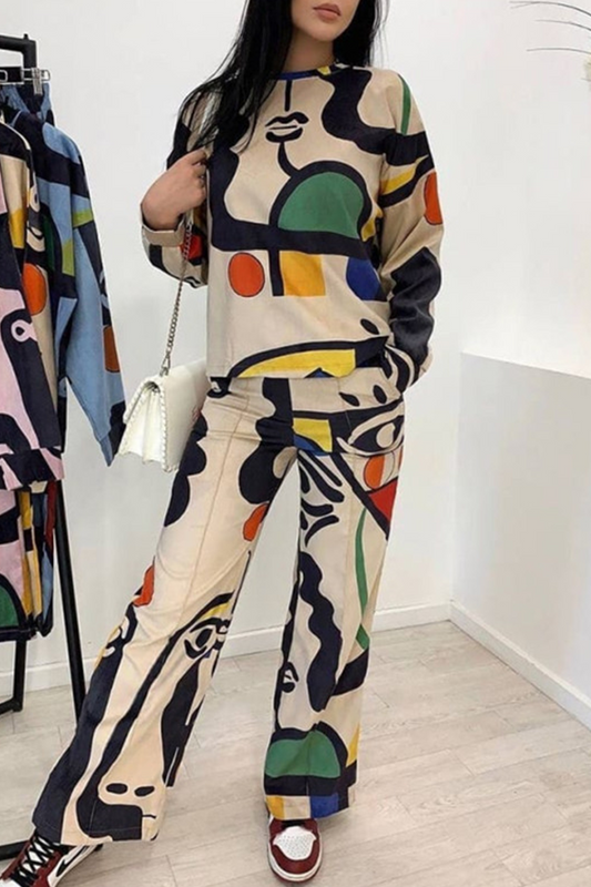 Conjunto informal de dos piezas con estampado geométrico, bolsillo, cuello redondo, manga larga (3 colores)