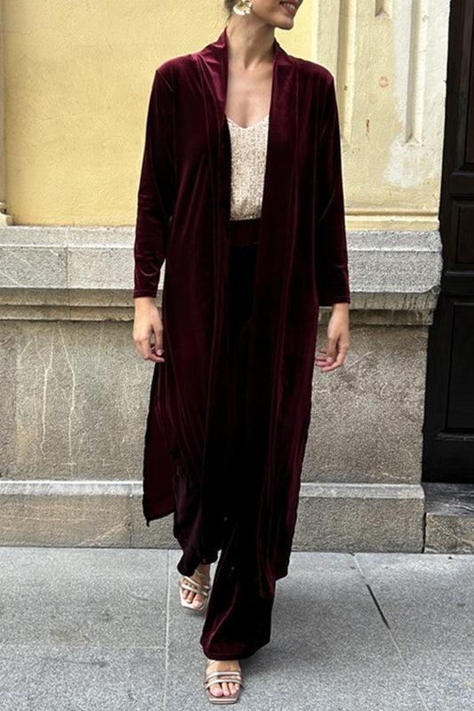 Cárdigan informal de dos piezas con cuello alto y abertura en un solo color y manga larga