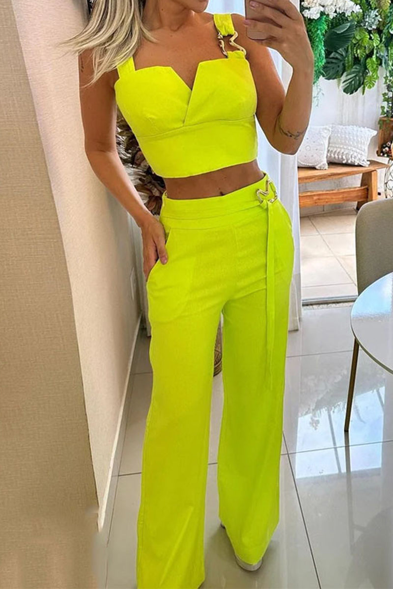 Conjunto de dos piezas con cuello cuadrado, sin mangas y accesorios de metal sólido, sexy y sencillo