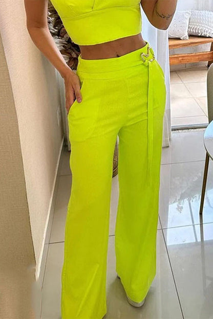 Conjunto de dos piezas con cuello cuadrado, sin mangas y accesorios de metal sólido, sexy y sencillo
