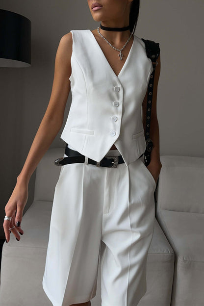 Conjunto de dos piezas elegante estilo británico con cuello en V, sin mangas, bolsillos sólidos y botones