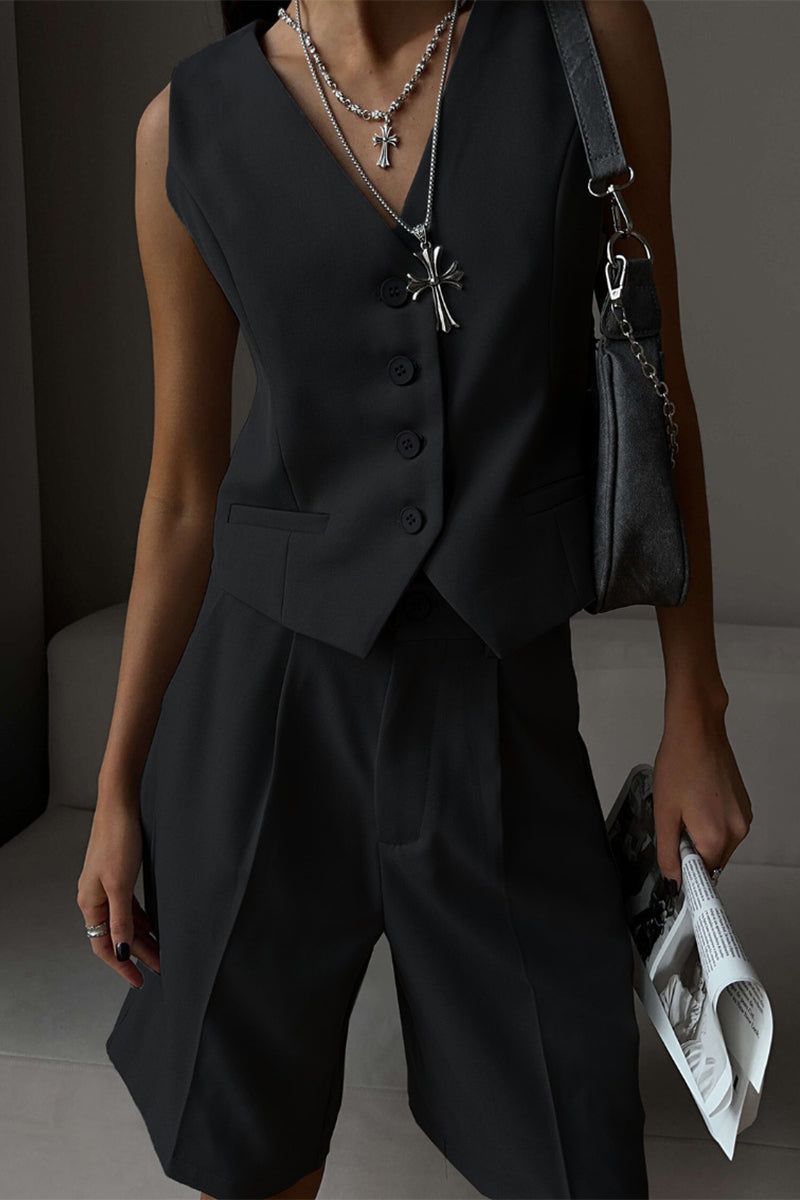 Conjunto de dos piezas elegante estilo británico con cuello en V, sin mangas, bolsillos sólidos y botones