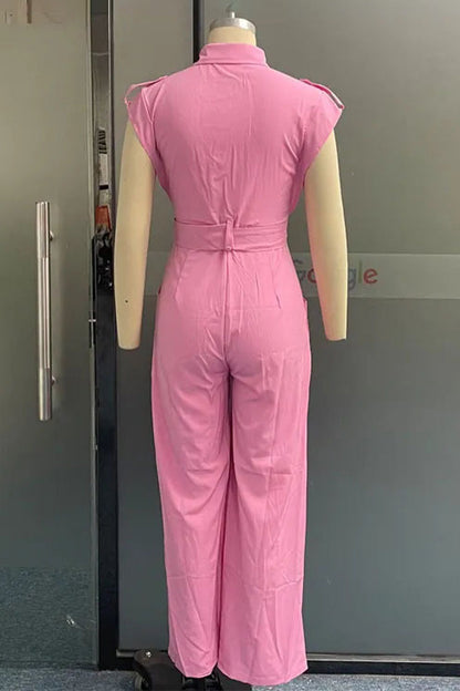 Casual Solid Pocket Turndown Collar Straight Jumpsuits
