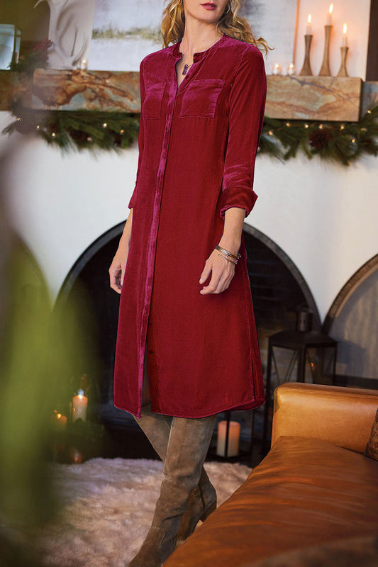 Vestido camisero informal de cuello redondo con parches lisos y simplicidad