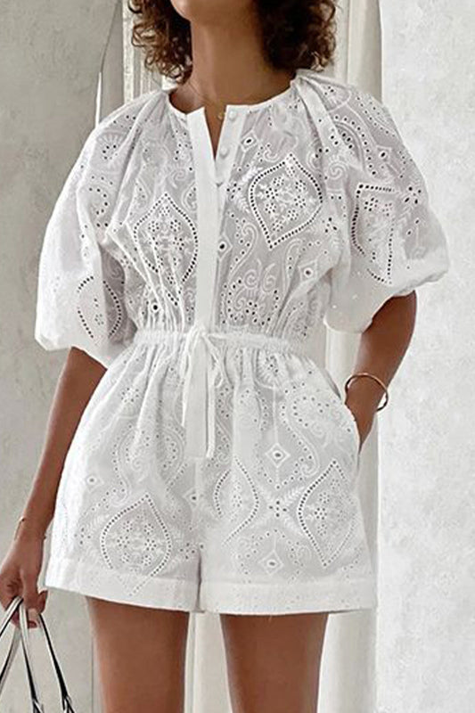 Mono holgado informal sencillo con cuello redondo, bolsillos y cordón ahuecado, liso