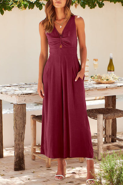 Casual Simplicity Solid Pocket Backless V Neck Loose Jumpsuits