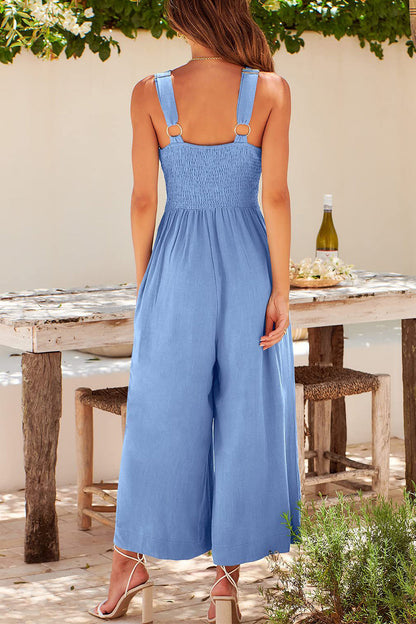 Mono holgado informal sencillo con cuello en V, espalda descubierta y bolsillos lisos (13 colores)