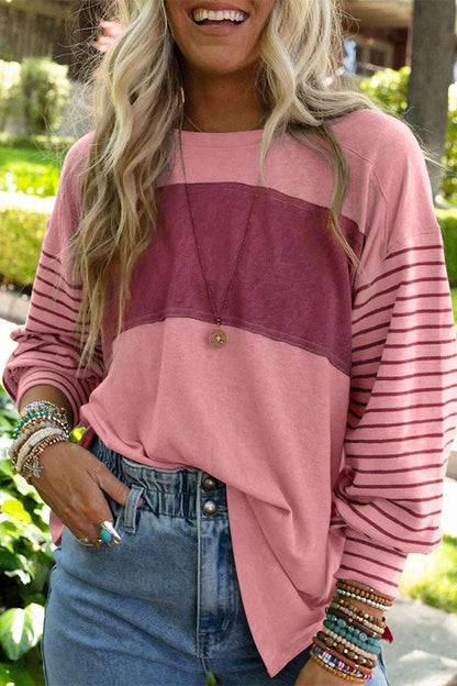 Casual Color Block Contrast O Neck Tops(5 Colors)