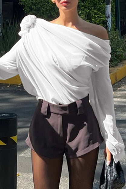 Casual Solid Patchwork Oblique Collar Tops(4 Colors)