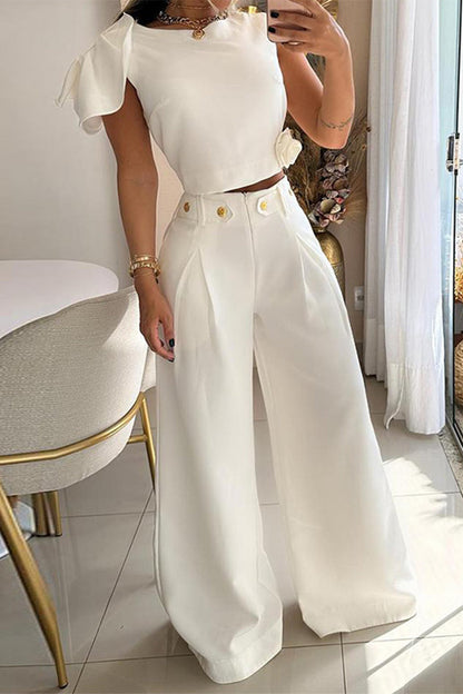 Celebrities Elegant Solid Buttons O Neck Short Sleeve Two Pieces