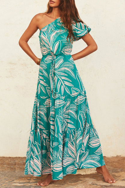 Bohemian Elegant Floral Frenulum Oblique Collar Printed Dress Dresses