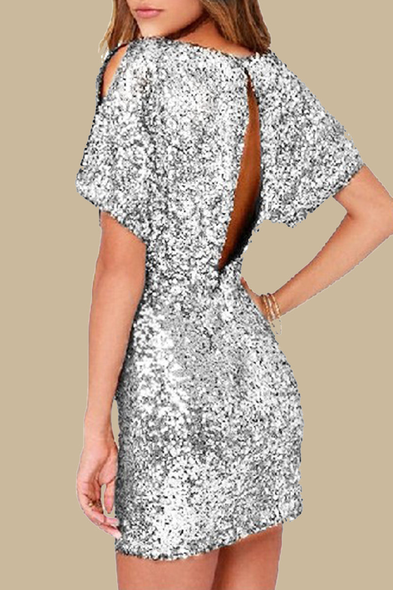 Vestidos casuales de fiesta con lentejuelas sólidas y cuello redondo con falda cruzada