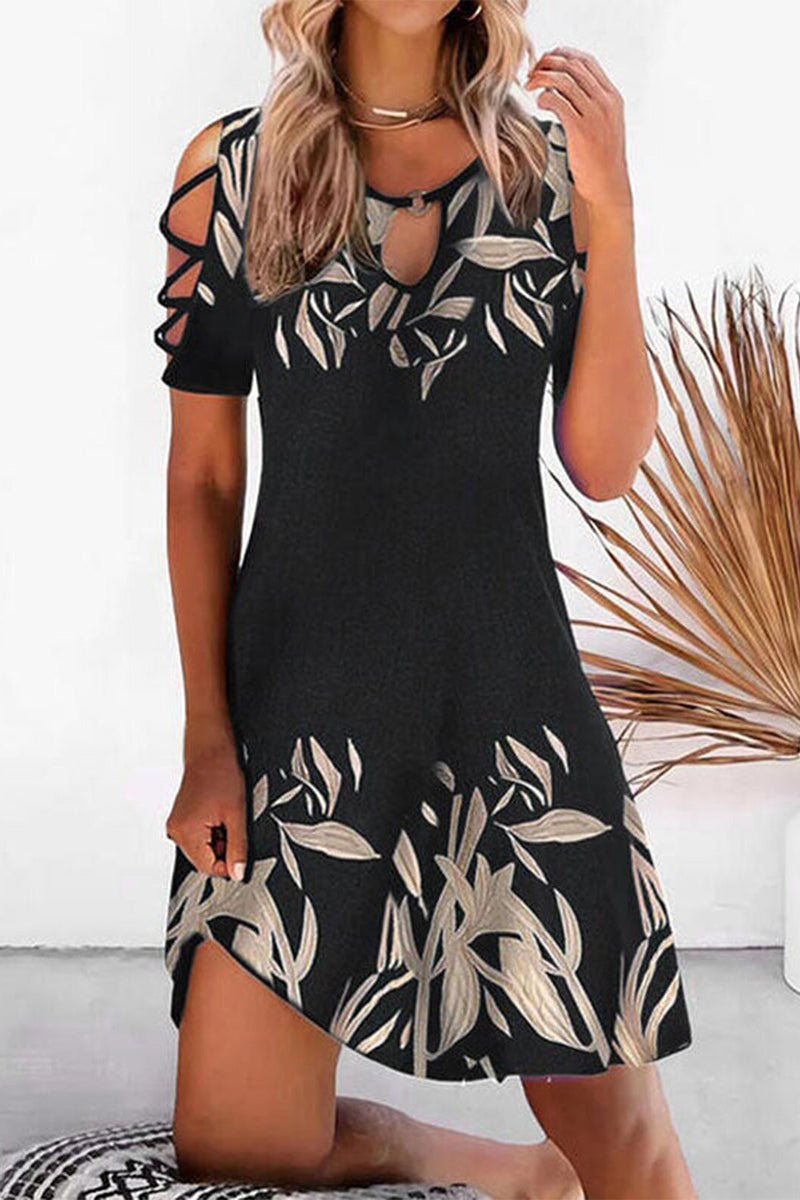 Casual Geometric Hollowed Out Printing O Neck Printed Dress Short Sleeve Dress(10 Colors)