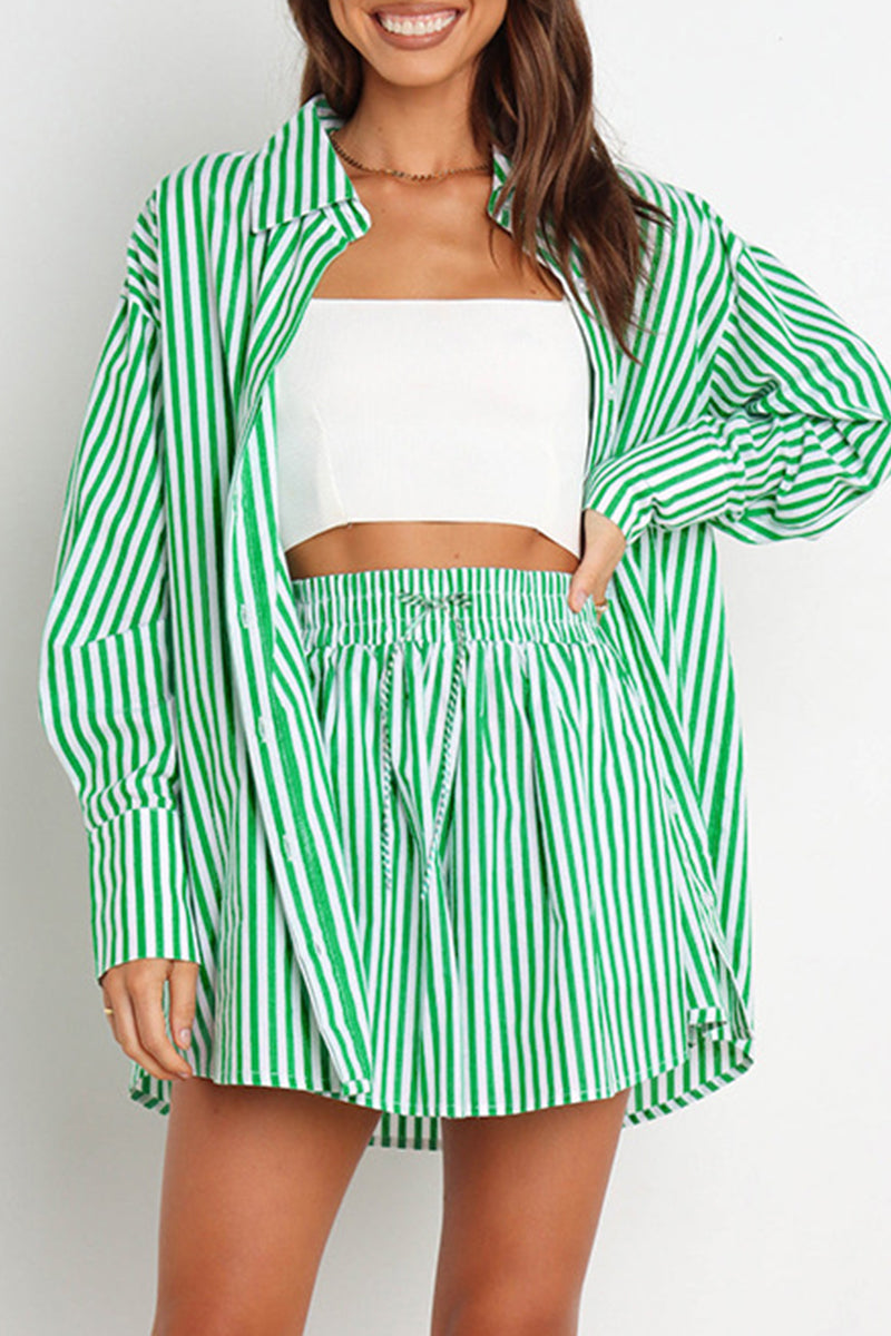 Casual Daily Striped Frenulum Turndown Collar Long Sleeve Two Pieces(4 Colors)