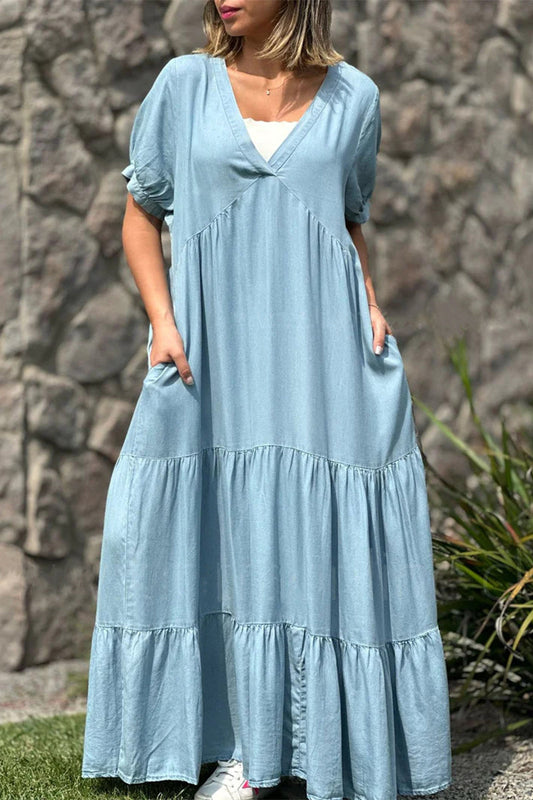 Vestido de manga corta con escote en V y bolsillos lisos Daily Simplicity
