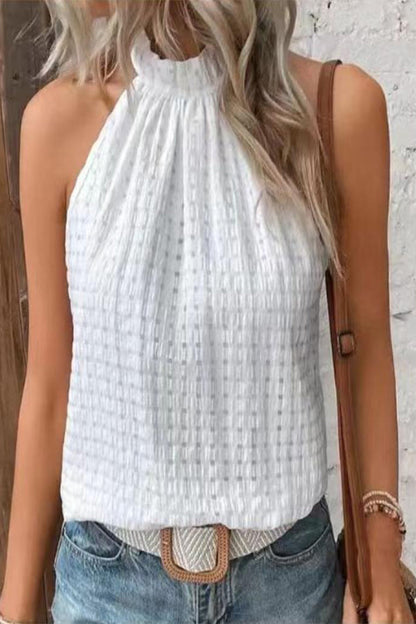 Blusa de cuello alto medio con botones ahuecados y jacquard liso de dulce simplicidad (4 colores)