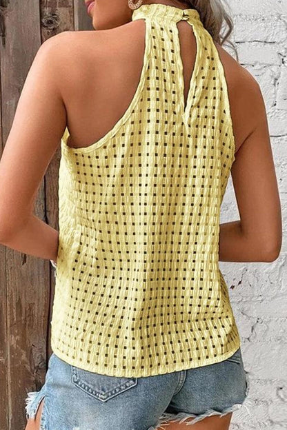 Blusa de cuello alto medio con botones ahuecados y jacquard liso de dulce simplicidad (4 colores)