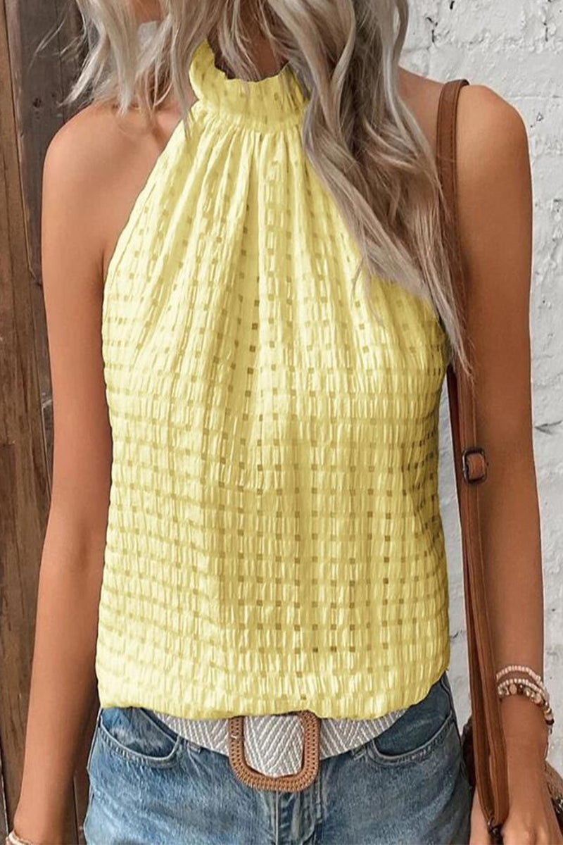 Blusa de cuello alto medio con botones ahuecados y jacquard liso de dulce simplicidad (4 colores)