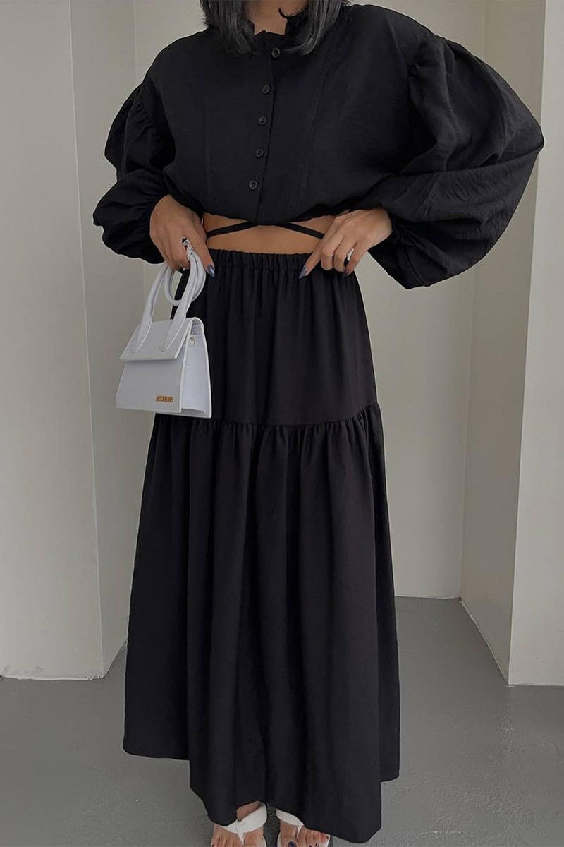 Conjunto informal elegante de dos piezas con cuello redondo, manga larga y parches sólidos