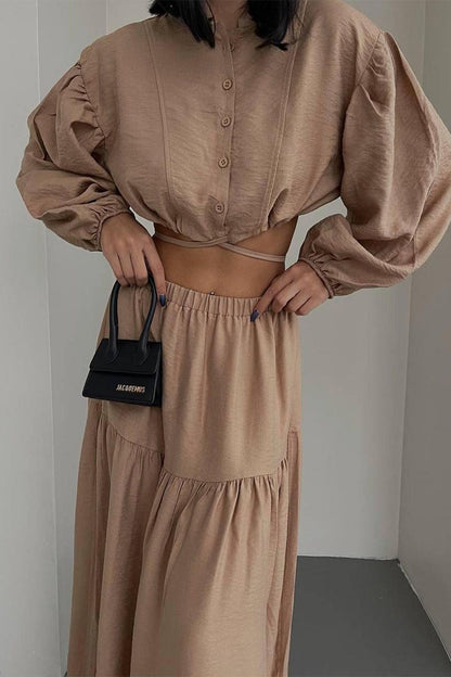 Conjunto informal elegante de dos piezas con cuello redondo, manga larga y parches sólidos