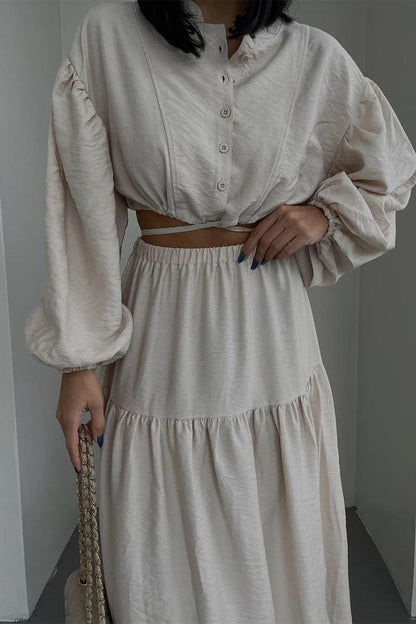 Conjunto informal elegante de dos piezas con cuello redondo, manga larga y parches sólidos