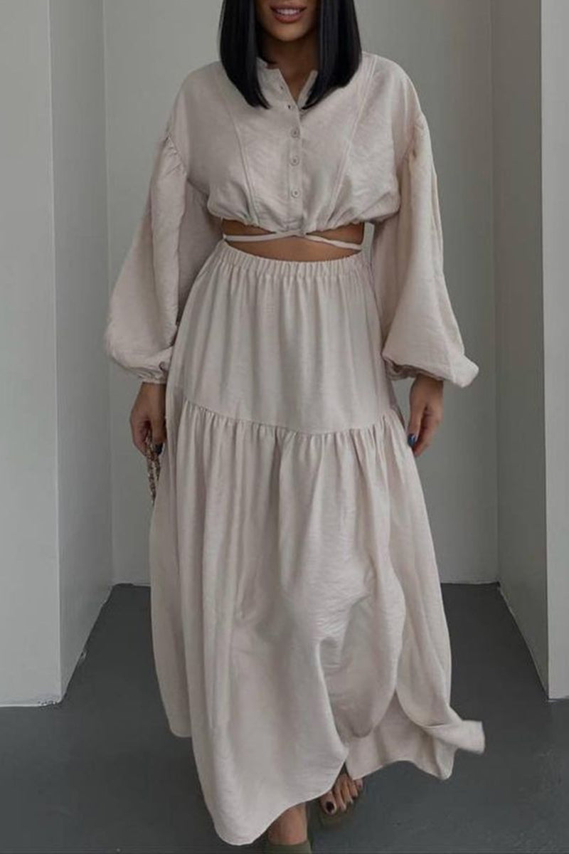 Conjunto informal elegante de dos piezas con cuello redondo, manga larga y parches sólidos