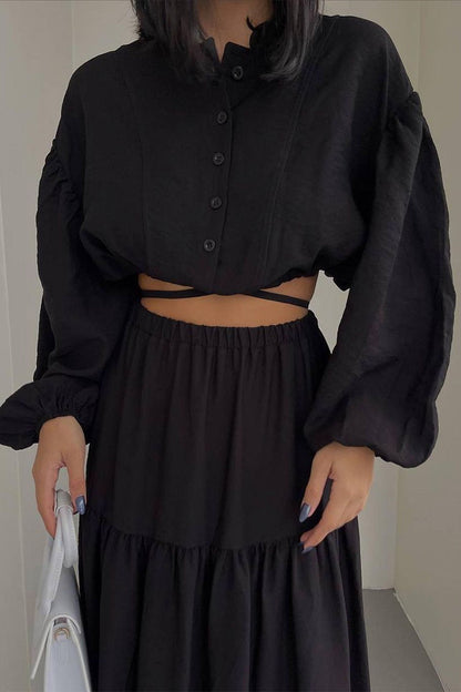 Conjunto informal elegante de dos piezas con cuello redondo, manga larga y parches sólidos
