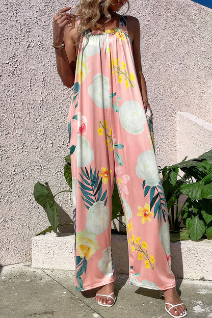 Casual Print Pocket Square Collar Loose Jumpsuits