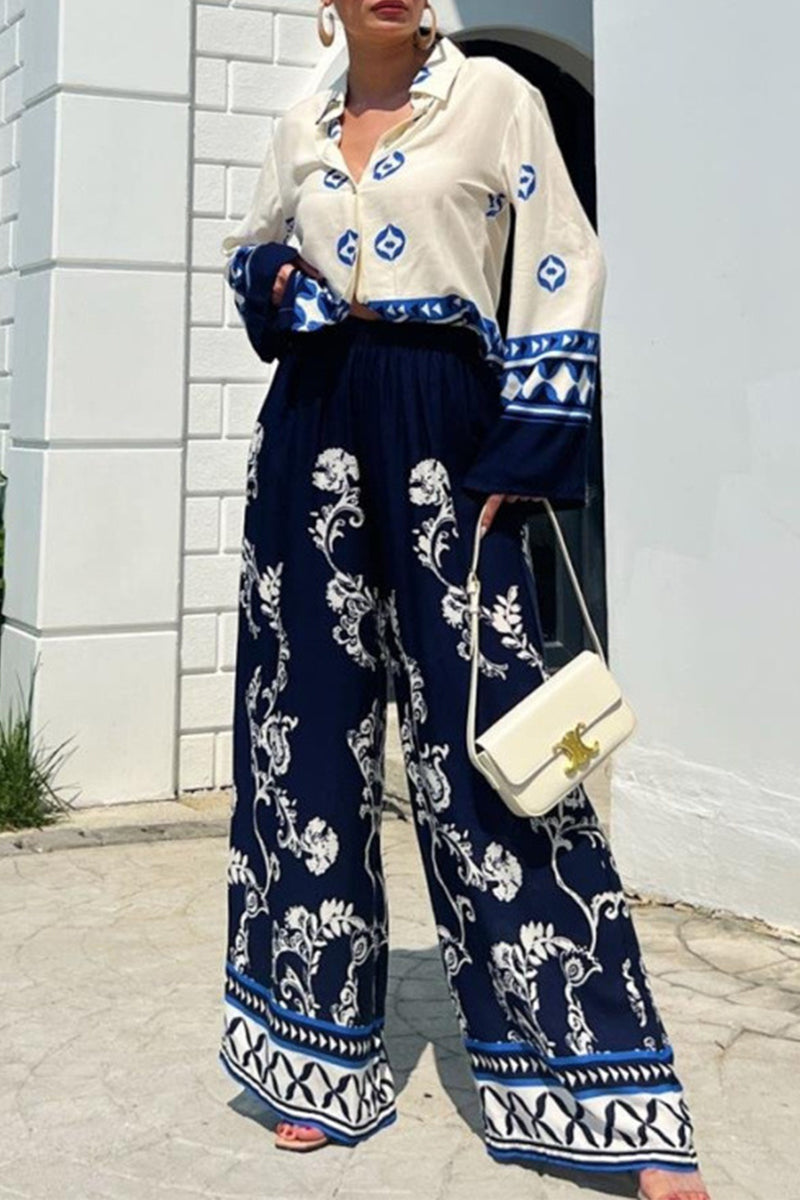 Conjunto de dos piezas informal vintage con estampado geométrico, cuello vuelto, manga larga