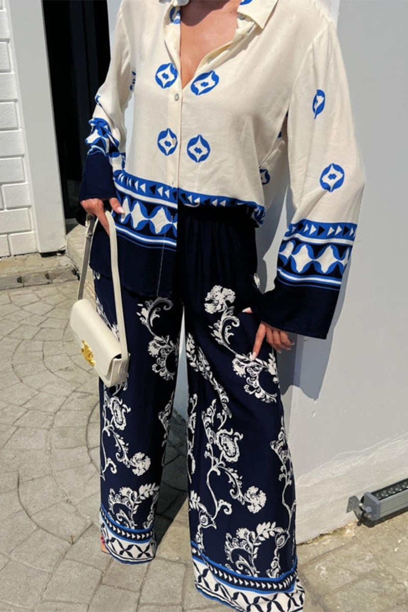 Conjunto de dos piezas informal vintage con estampado geométrico, cuello vuelto, manga larga
