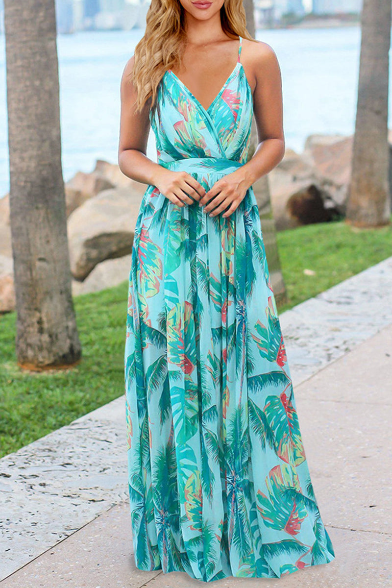 Vestidos sexis de vacaciones con estampado floral, escote en V y espalda descubierta
