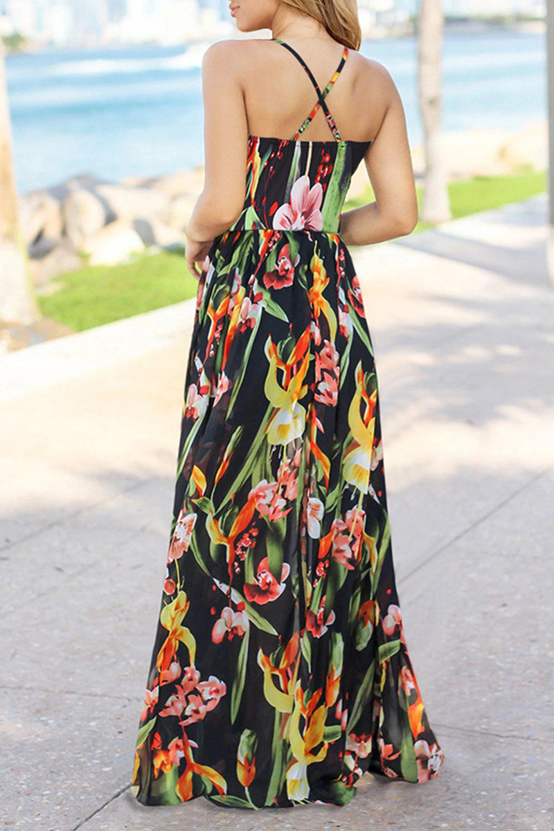 Vestidos sexis de vacaciones con estampado floral, escote en V y espalda descubierta