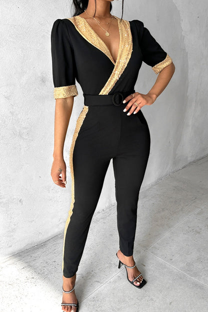 Casual Patchwork Sequins V Neck Skinny Jumpsuits