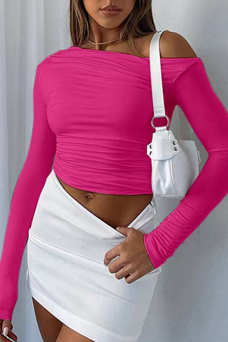 Tops casuales de cuello oblicuo con pliegues sólidos y simplicidad