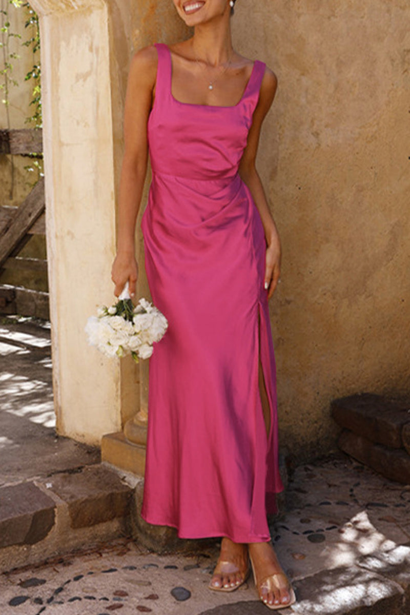 Vestidos de celebridades sexys con falda cruzada, cuello cuadrado, abertura y espalda descubierta (4 colores)