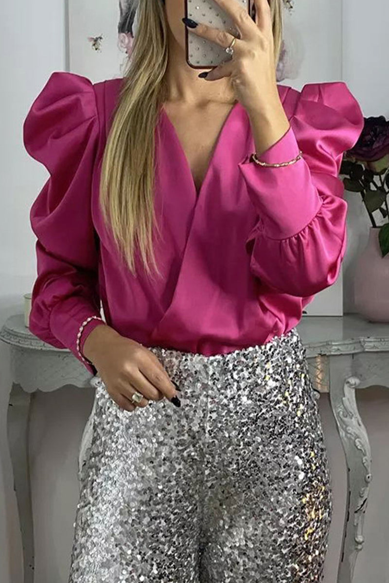 Celebrities Elegant Solid Fold V Neck Blouses(6 Colors)