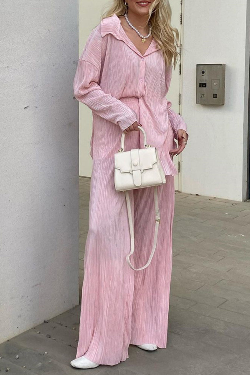 Conjunto informal de dos piezas con cuello vuelto, manga larga y botones sólidos