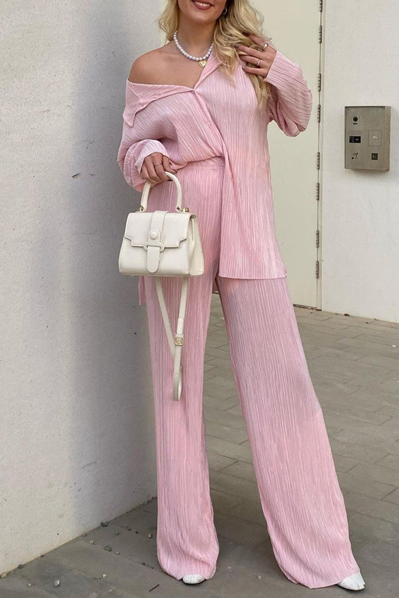 Conjunto informal de dos piezas con cuello vuelto, manga larga y botones sólidos