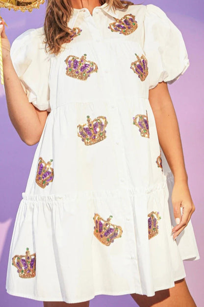 Vestido camisero de manga corta con cuello vuelto y lentejuelas lisas