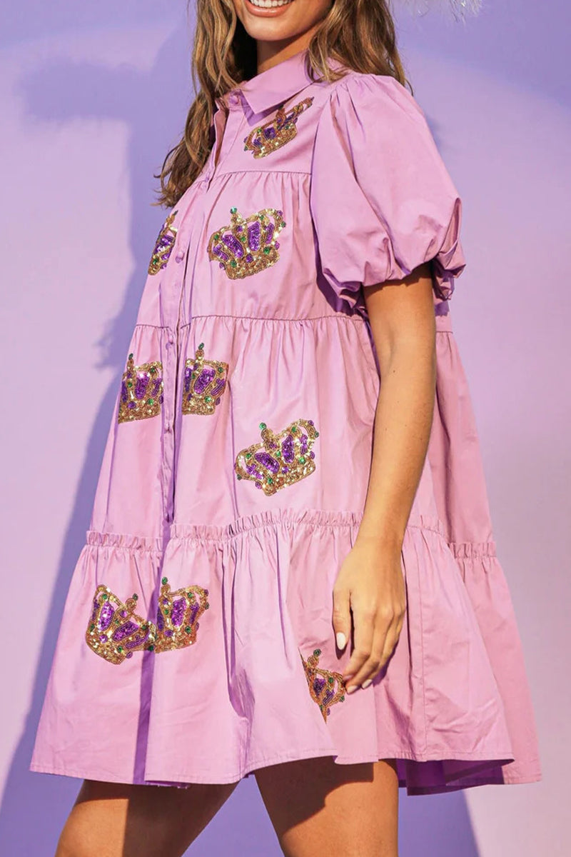 Vestido camisero de manga corta con cuello vuelto y lentejuelas lisas