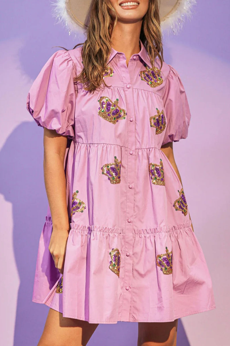 Vestido camisero de manga corta con cuello vuelto y lentejuelas lisas