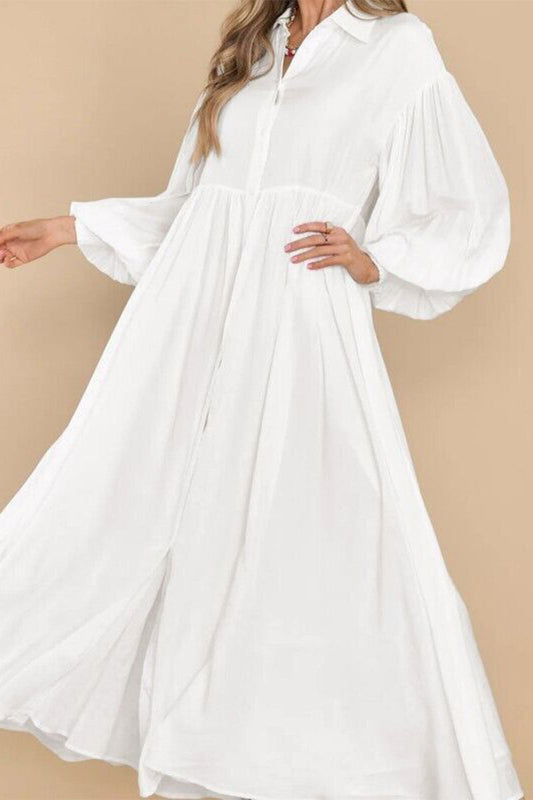 Vestido camisero informal vintage liso con cuello vuelto y pliegues