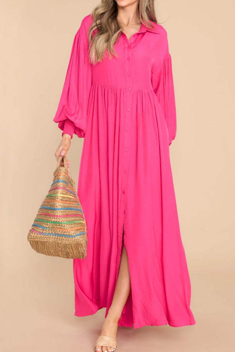 Vestido camisero informal vintage liso con cuello vuelto y pliegues